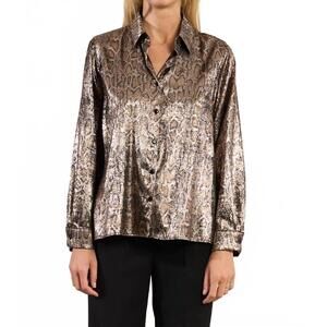 NEW MOLLY BRACKEN snakeskin chic silky button down shirt in chocolate